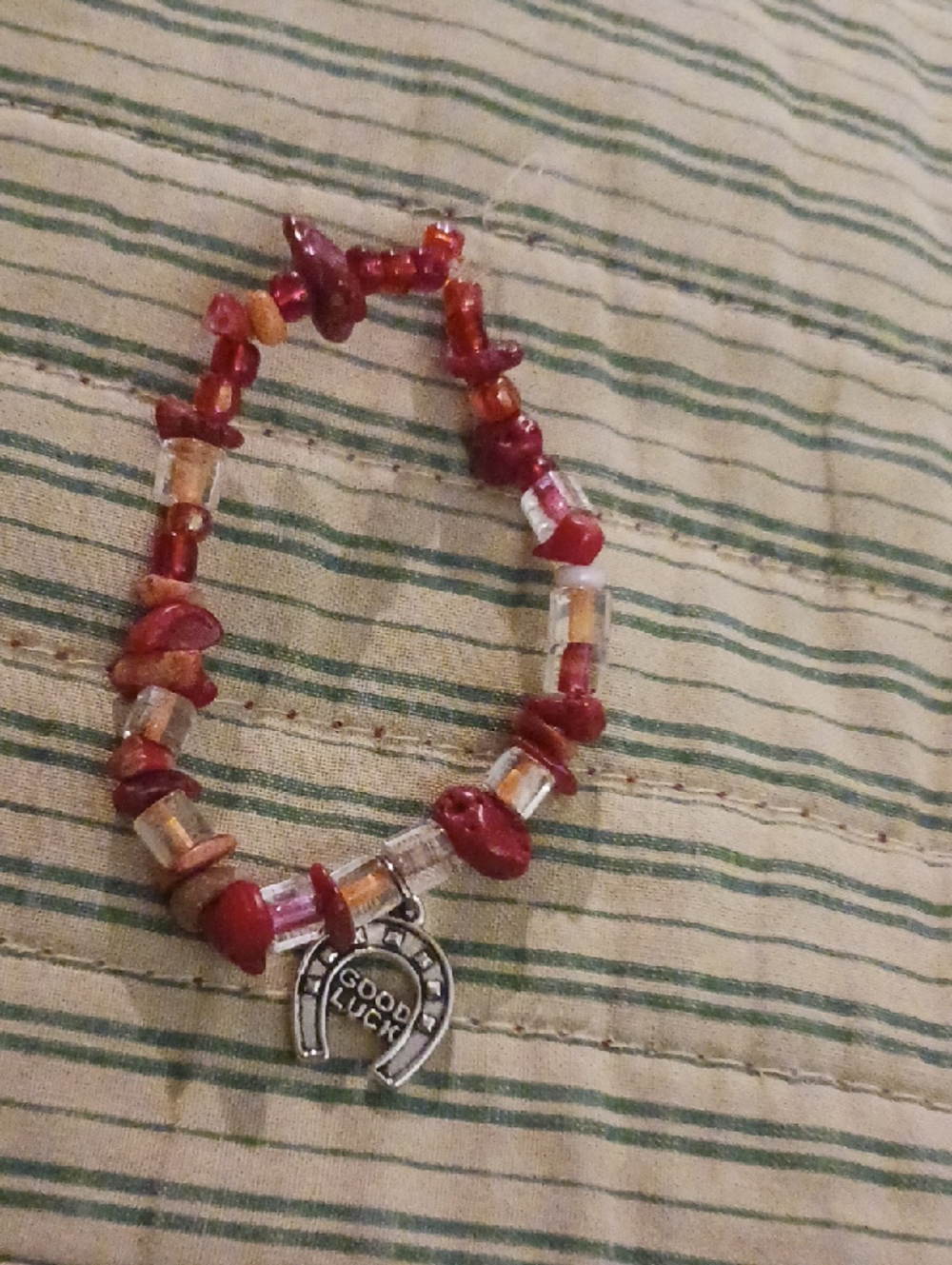 Good Luck Red Beaded Stretch Bracelet with Horseshoe Charm